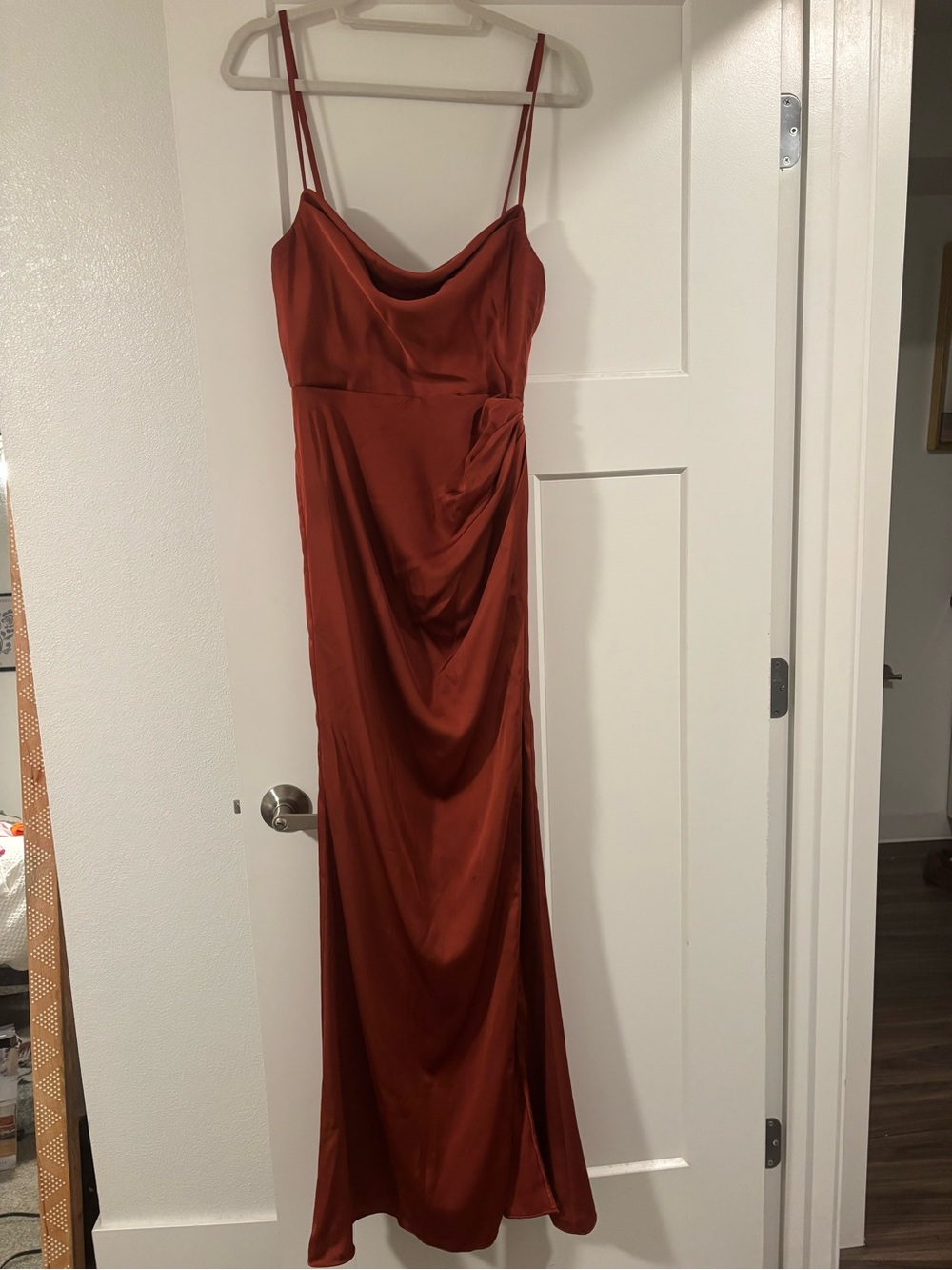 Azazie Terracotta Satin Cowl-Neck Maxi Dress